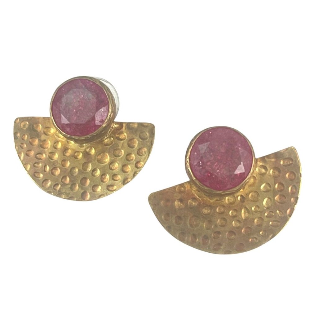 Hammered Brass Ruby Gemstone Statement Earrings - image 1